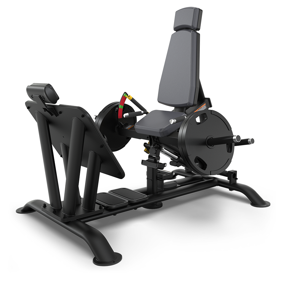 A black leg press machine with a padded seat, backrest, adjustable weights, and footplate, designed for lower body strength training in a gym setting.