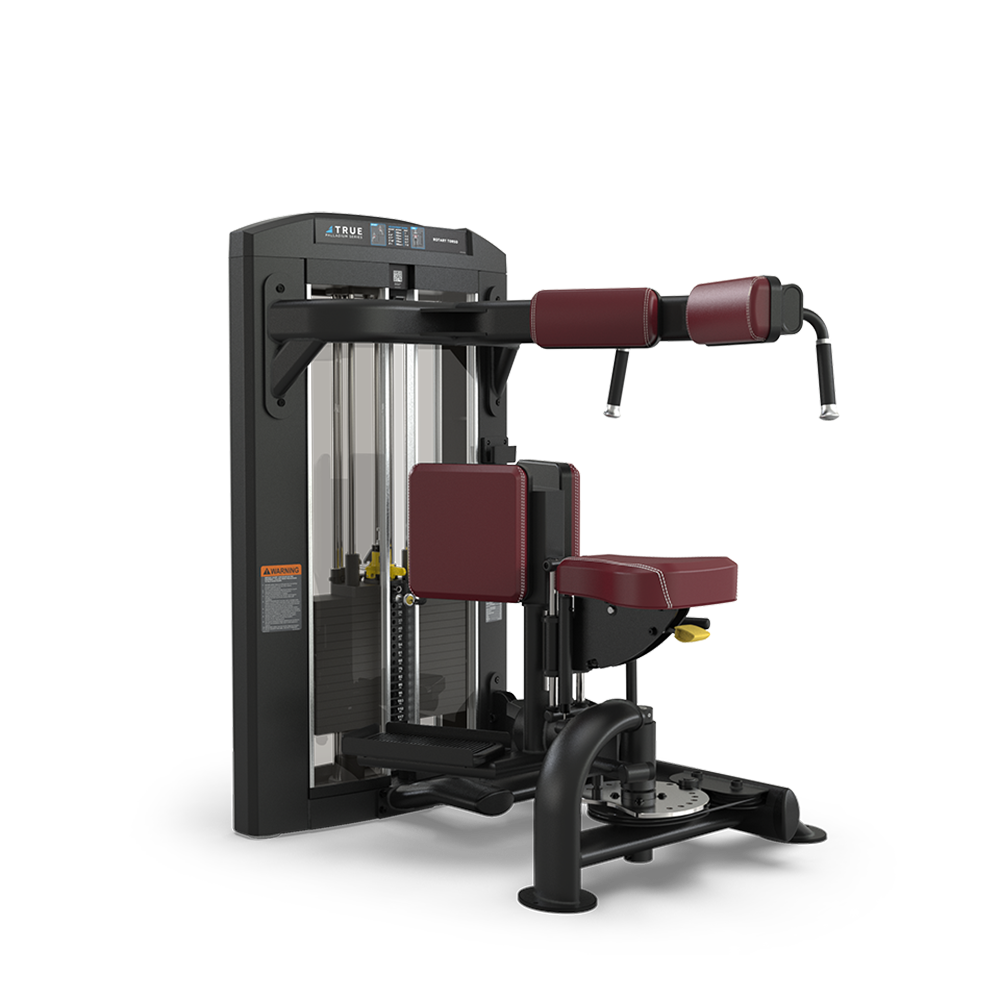 A seated gym machine with maroon pads and black frame, designed for performing torso rotation exercises to work the oblique and core muscles, featuring adjustable settings and weight stack.