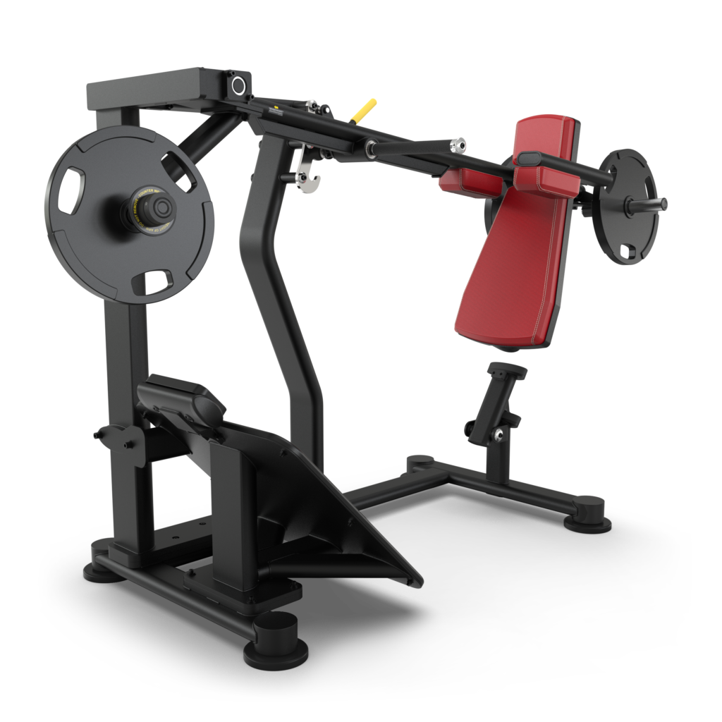 A black and red plate-loaded chest press machine with angled handles, padded seat and backrest, and weight plates mounted on each side, designed for upper body strength training.