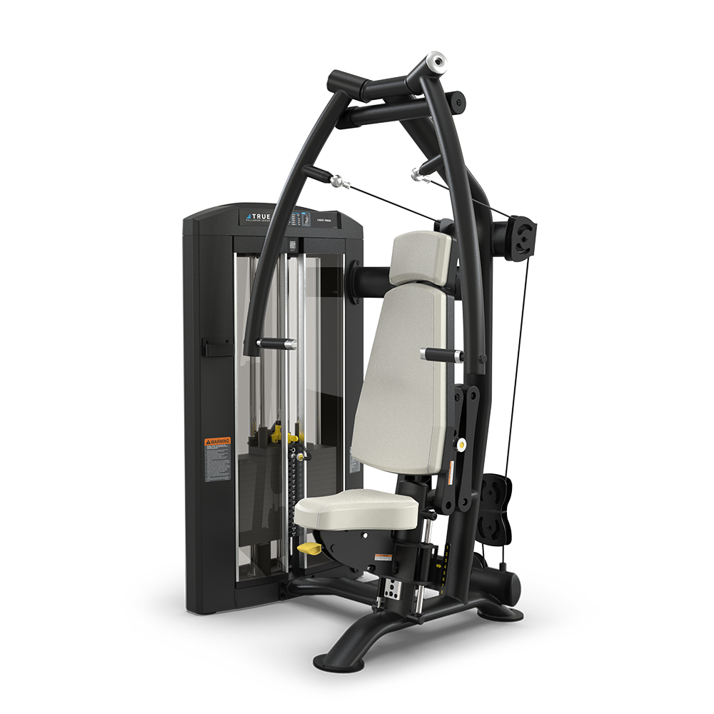 A black and silver seated chest press machine with padded seat and backrest, adjustable weights, and dual handles, designed for upper body strength training. The machine is set against a plain white background.