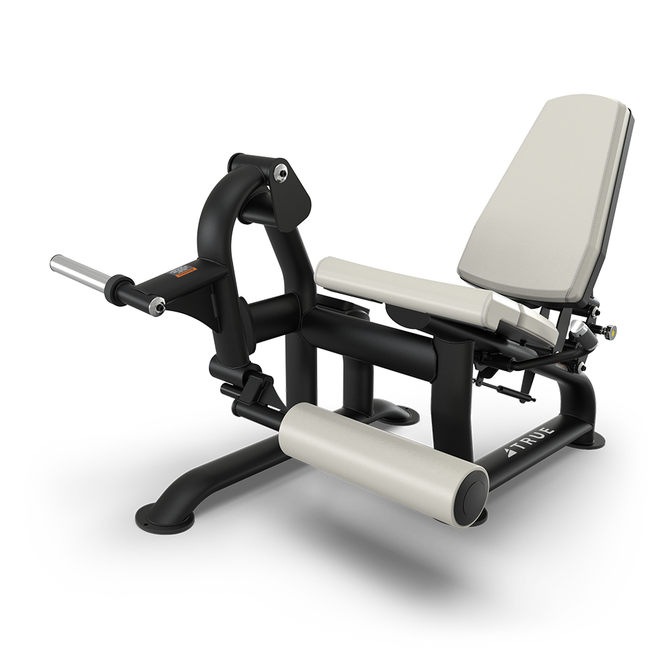 A commercial gym leg extension machine with a padded seat, adjustable backrest, and padded rollers for supporting the legs, designed for targeting the quadriceps muscles.