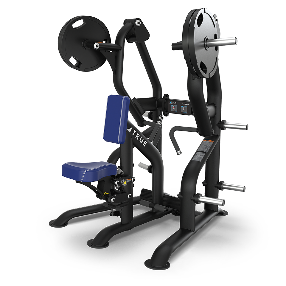 A black, plate-loaded strength training machine with a blue padded seat and backrest, designed for upper body workouts, featuring multiple handles, weight plates, and sturdy footrests.