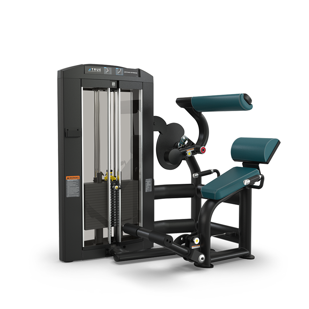 A black and teal gym machine with padded seat and armrests, weight stack, and adjustment knobs, designed for performing seated tricep extension exercises.