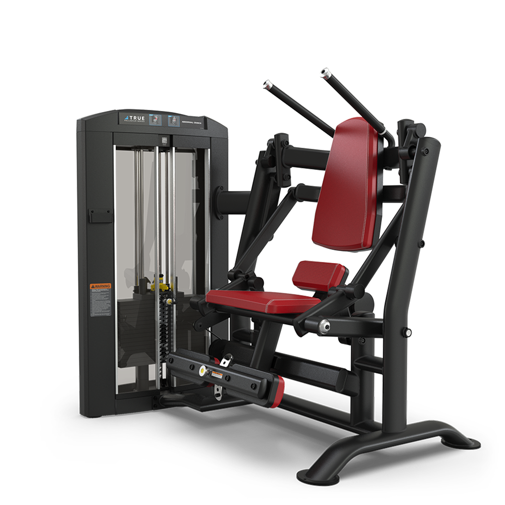 A seated leg press machine with a black frame and red padded seat and backrest, featuring a weight stack and footplate for resistance training in a gym setting.
