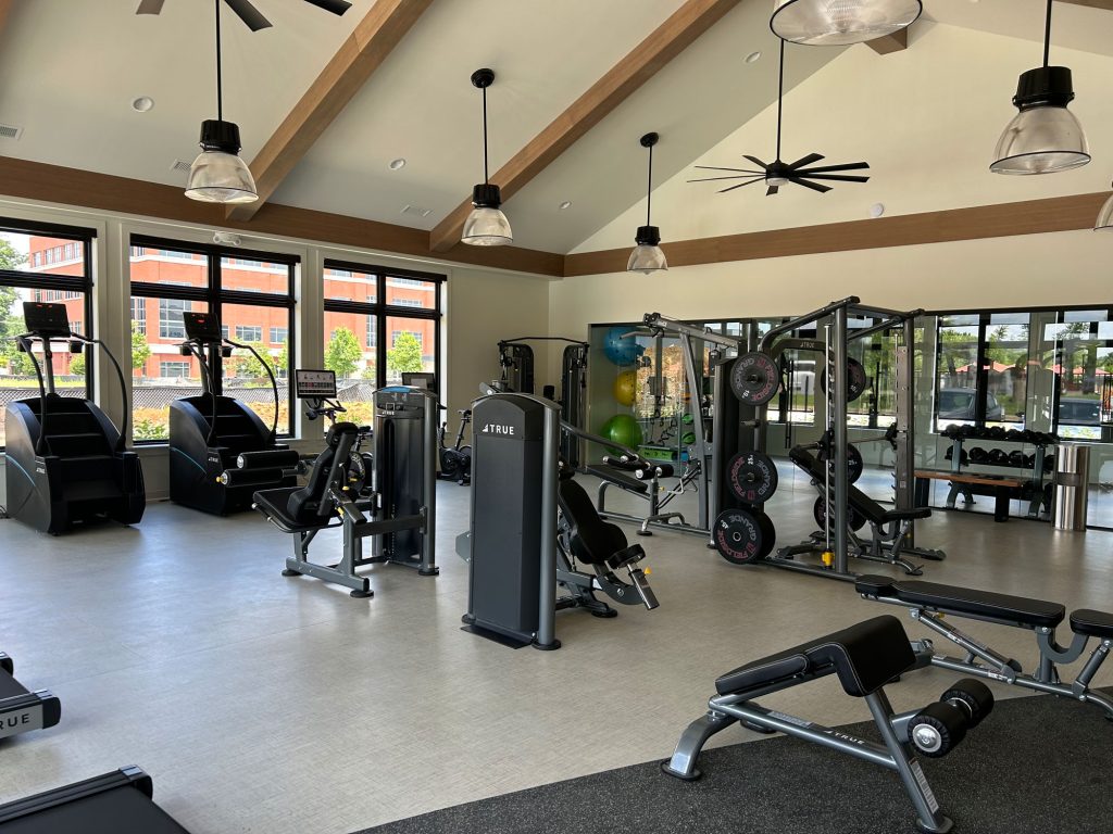 Bright, modern gym with large windows, various exercise machines, free weights, benches, stability balls, and mirrors. Ceiling fans and pendant lights hang from the vaulted ceiling. Outdoor greenery visible through the windows.