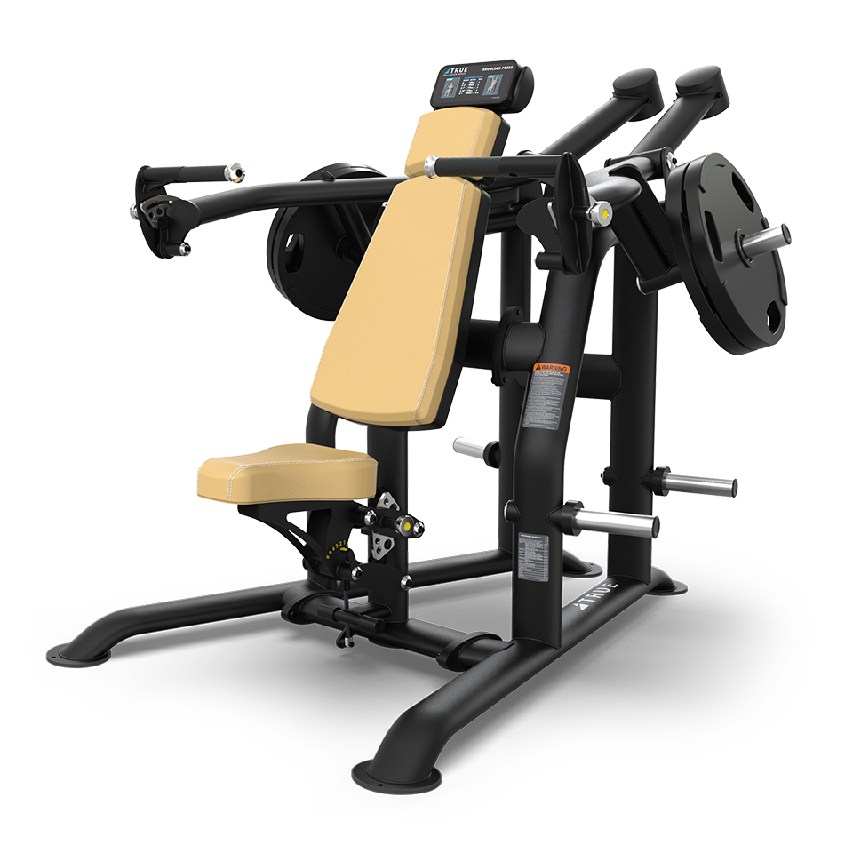 A black and yellow seated strength training machine with padded backrest and handles, designed for chest or shoulder press exercises, featuring weight plate holders on both sides.