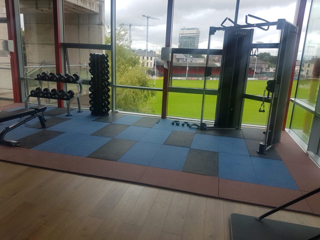 A gym area with dumbbells, weight plates, a bench, and a cable machine, set beside large windows overlooking a sports field and city buildings outside.