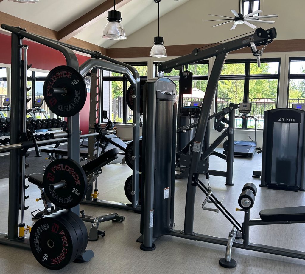 Modern gym with various exercise equipment, including weight machines, benches, dumbbells, and cardio machines, in a well-lit room with large windows and high ceilings.