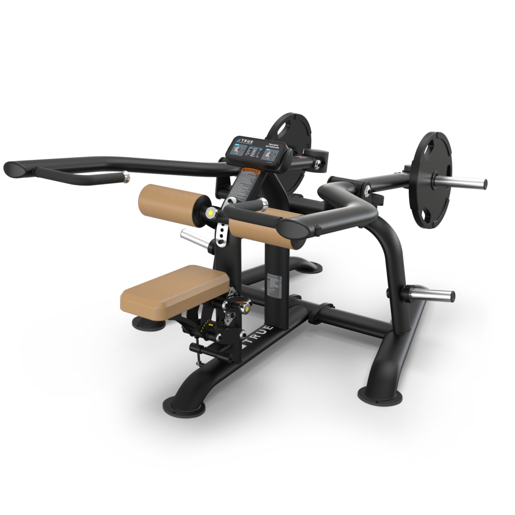 A black and tan gym machine with padded seat and rollers, arm handles, digital display, and weight plate holders, designed for strength training exercises on a white background.