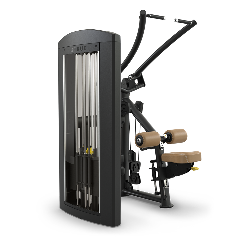 A black and beige seated exercise machine with adjustable padded seat, backrest, and arm handles, designed for upper body strength training, featuring a visible weight stack and sturdy frame.