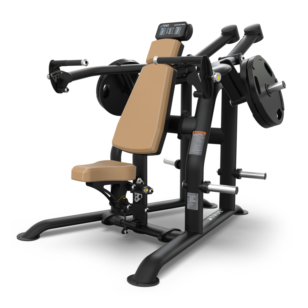 A black and tan plate-loaded chest press machine with padded seat and backrest, arm handles, and weight plates mounted on both sides, designed for upper body strength training.