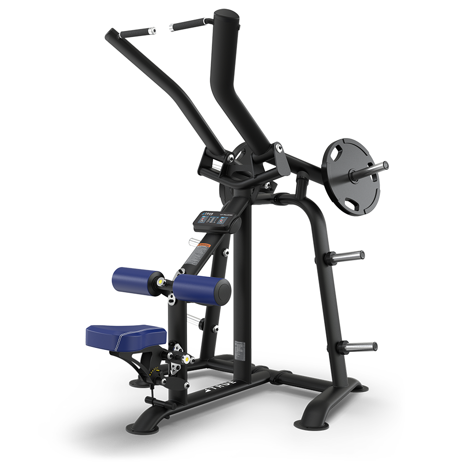 A black fitness machine with a padded blue seat and leg support, designed for upper body workouts. It has several handles, a weight plate, and pegs for additional weights on a sturdy metal frame.