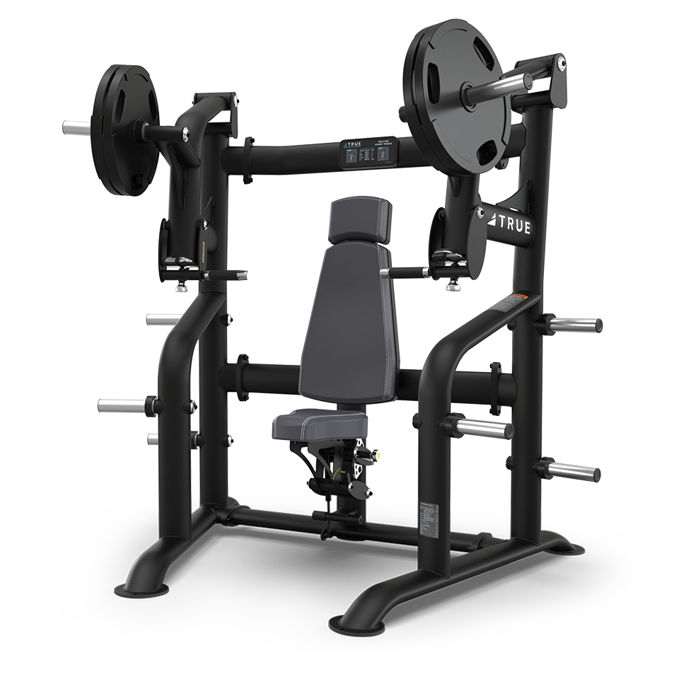 A black, seated chest press machine with adjustable padded seat, backrest, and weight plates loaded on each side, used for upper body strength training in a gym setting.