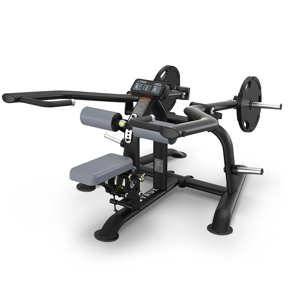 A black seated gym machine with padded supports, adjustable seat, hand grips, and weight plate holders, designed for upper body strength training. The machine has a digital display and robust steel frame.