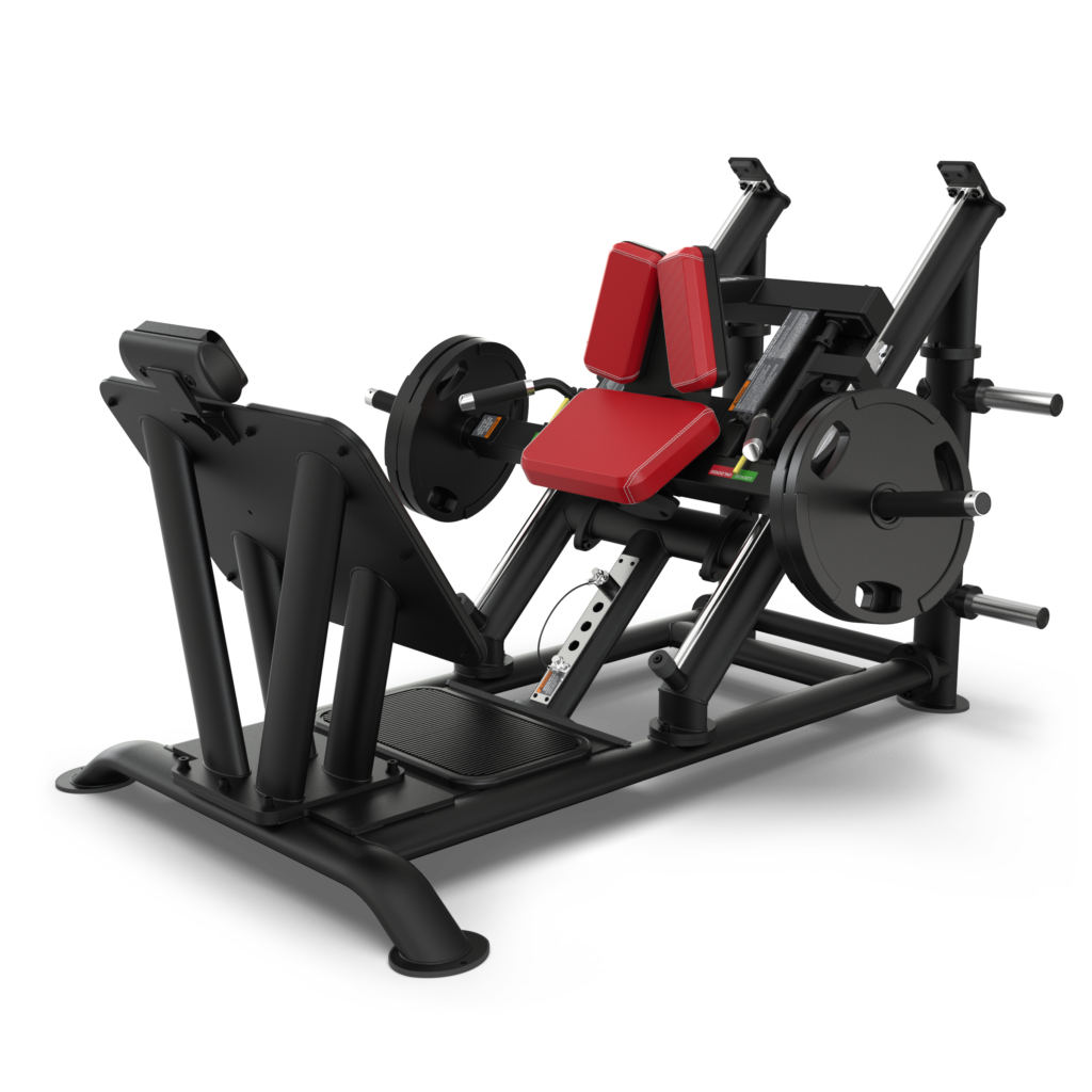 A black and red leg press machine with weight plates attached, designed for lower body strength training, is shown against a plain white background.