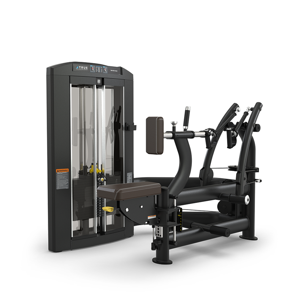 A black and silver seated row exercise machine with adjustable weights, padded seat, chest support, and multiple hand grips, designed for strength training in gyms.