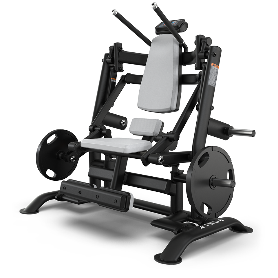A black and gray plate-loaded gym machine with a padded seat and backrest, designed for leg press or squat exercises, featuring handles, footrests, and weight plates on each side.