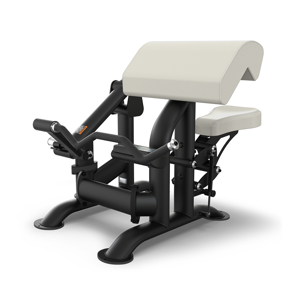 A black and white preacher curl gym machine with padded armrest and seat, designed for seated bicep curls, shown on a plain white background.