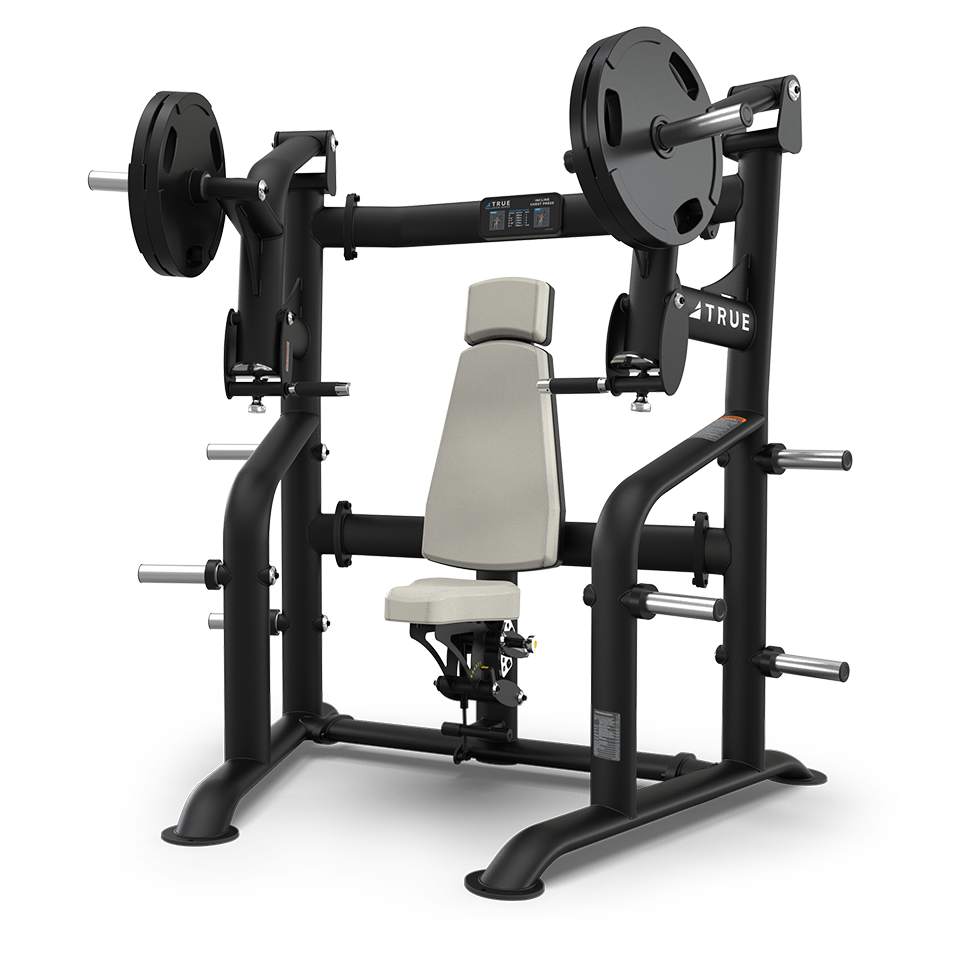 A black and gray seated chest press machine with adjustable padded seat, backrest, and multiple weight plates loaded on each side, designed for strength training exercises.