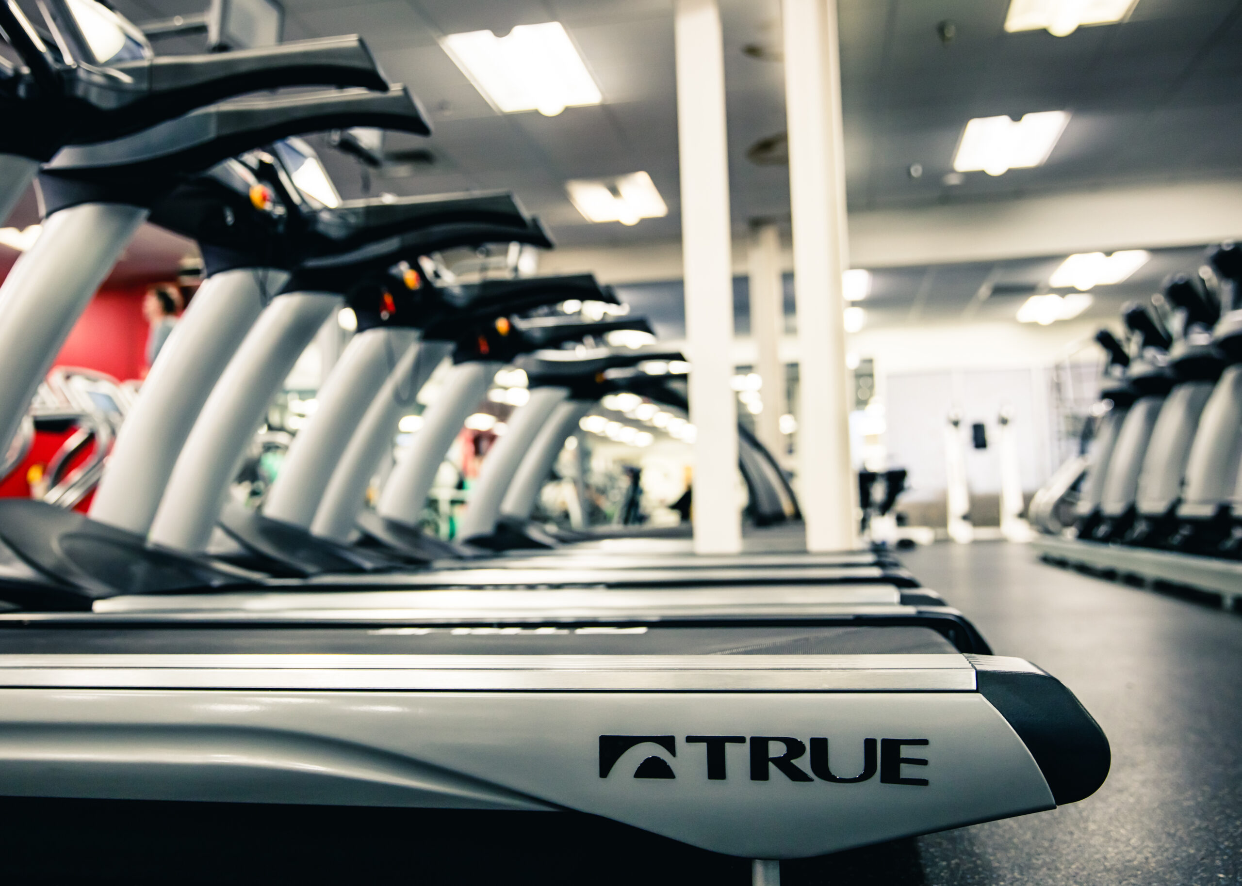 A row of gray treadmills in a brightly lit gym, with the word TRUE visible on the side of the nearest machine. The gym appears empty and modern, with exercise equipment in the background.
