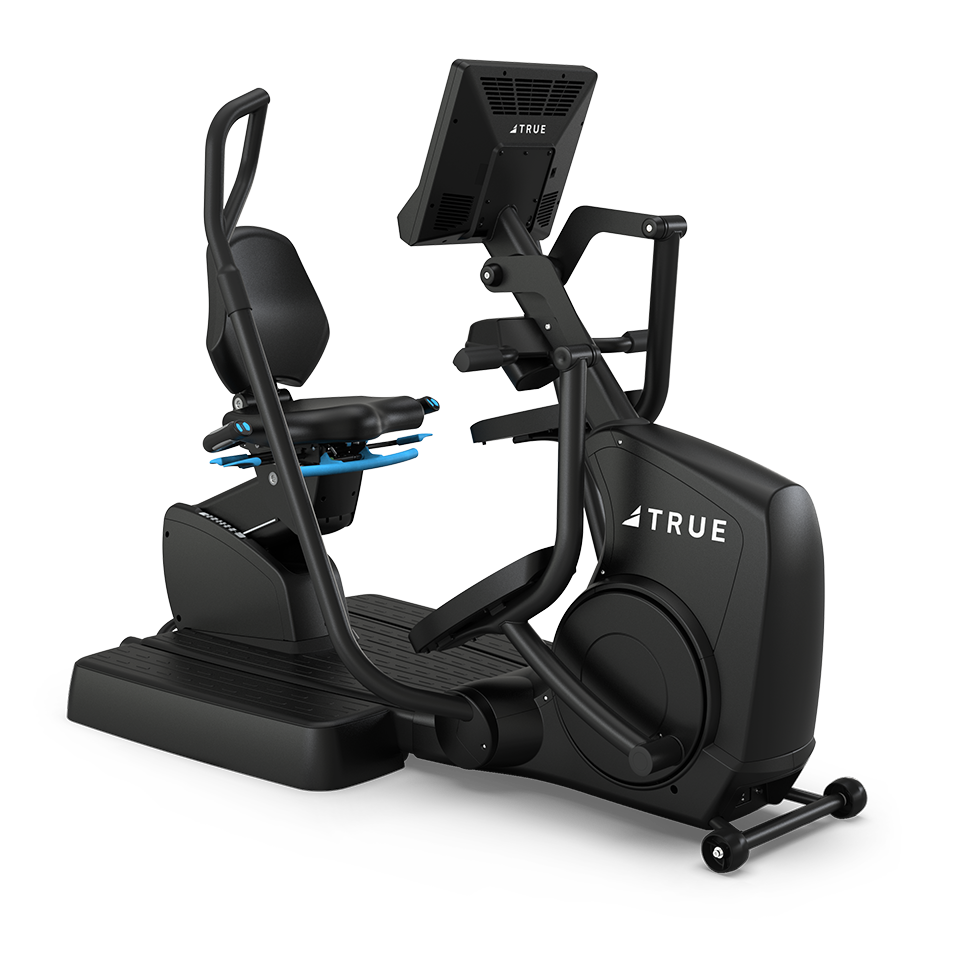 A black recumbent cross trainer exercise machine with a large digital display screen, pedals, seat with backrest, and handlebars, designed for low-impact cardio workouts. The brand TRUE is visible on the machine.