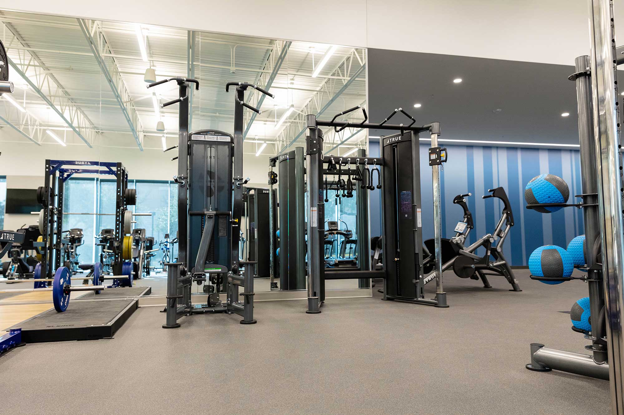 A bright, modern gym with various strength training machines, free weights, exercise bikes, and blue medicine balls against a striped blue wall. A large mirror reflects the equipment.