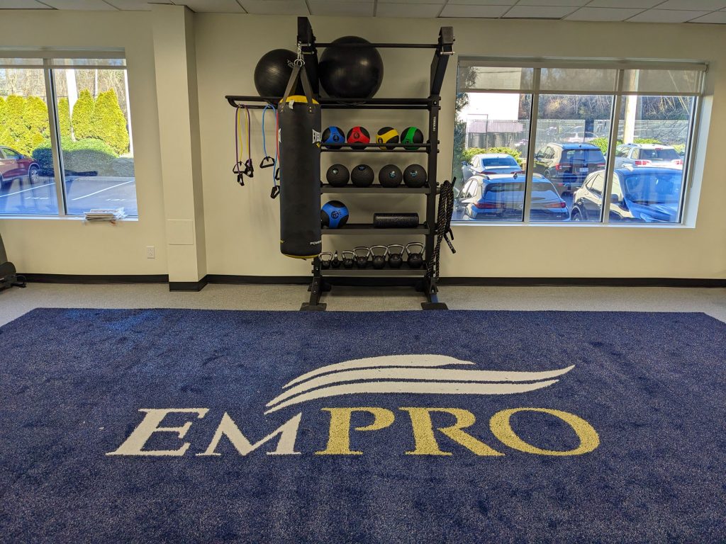 A gym with a blue EMPRO carpet, exercise equipment including a punching bag, stability balls, medicine balls, kettlebells, and dumbbells, with windows showing parked cars and trees outside.