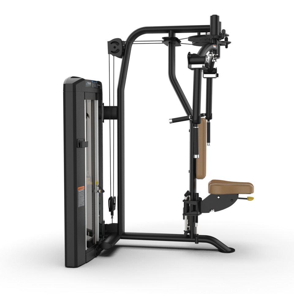 A black and brown seated weight machine with cables, pulleys, and a padded seat, designed for upper body strength training in a gym setting.
