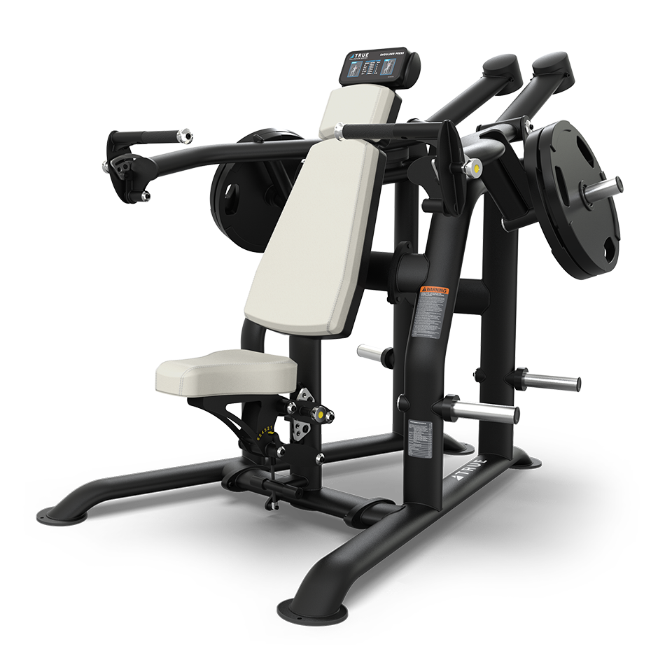 A black and beige plate-loaded chest press gym machine with padded seat and backrest, handles for pressing, and weights attached on both sides, designed for upper body strength training.