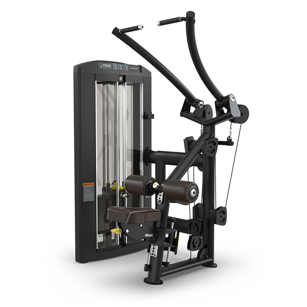 A black and silver seated strength training machine with padded seat, backrest, and handles, designed for upper body workouts. It has adjustable weights, cables, and instructional labels on the side.
