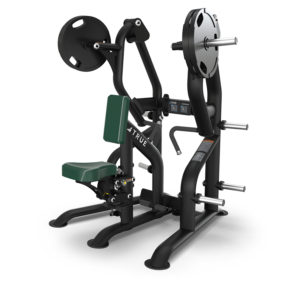 A black and green plate-loaded strength training machine with a padded seat and backrest, designed for upper body exercises. Weight plates are mounted on the machine, and extra storage horns are visible on the sides.