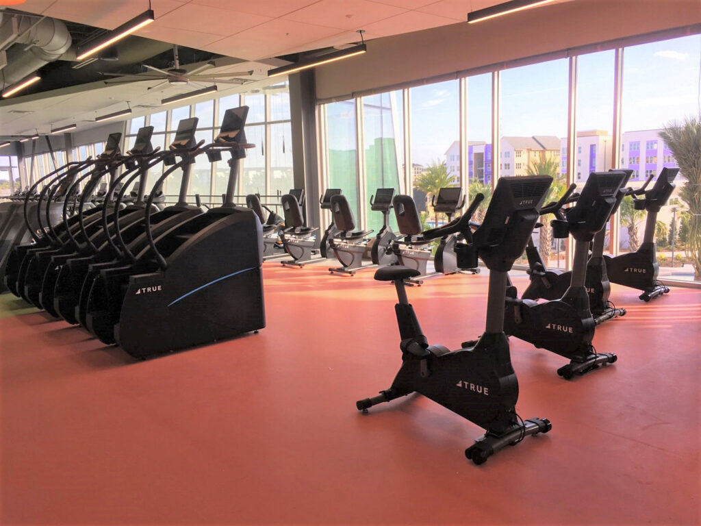 A bright, modern gym with large windows, featuring several stationary bikes and elliptical machines arranged neatly on a red floor, with buildings and palm trees visible outside.