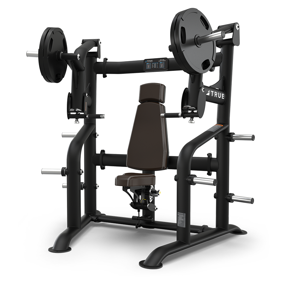 A black and silver seated chest press machine with padded backrest and seat, loaded with weight plates on each side, designed for upper body strength training in a gym setting.