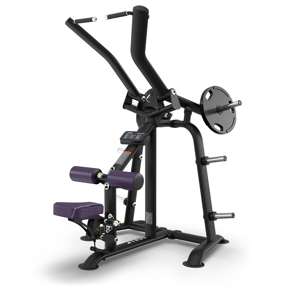 A black and purple plate-loaded gym machine designed for seated back exercises, featuring padded seat and leg supports, handlebars, and weight plate storage pegs on a sturdy metal frame.