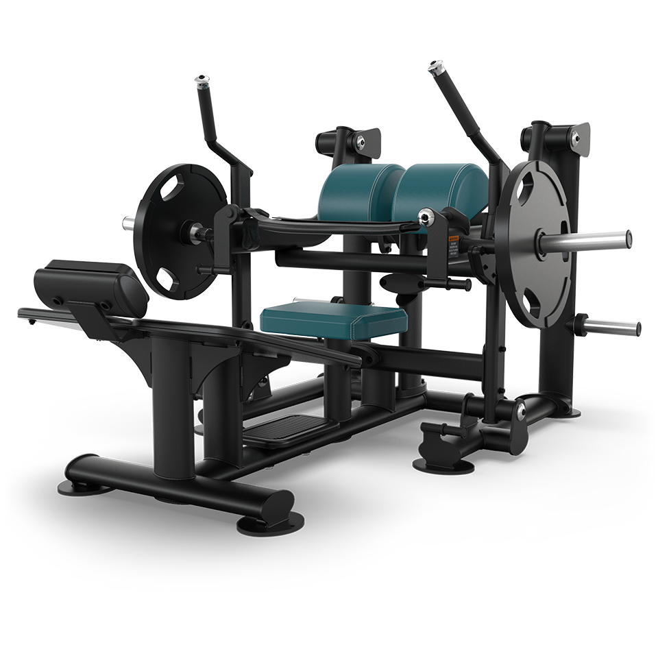 A black and teal gym machine designed for leg workouts, featuring padded seats, footrests, handles, and loaded with weight plates on each side against a plain white background.