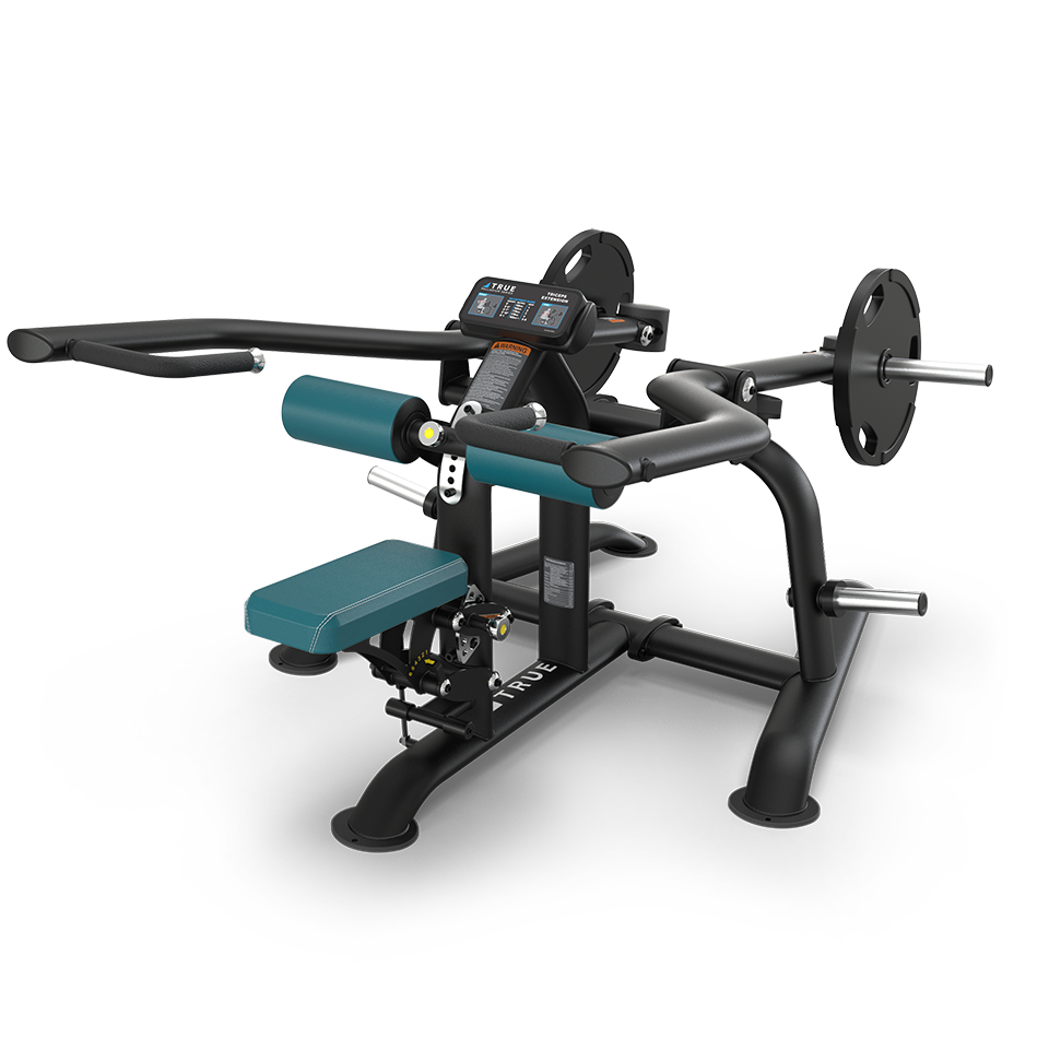 A black and teal seated strength training machine with padded seat, arm pads, handles, adjustable weights, and a digital display, designed for exercising the upper body.