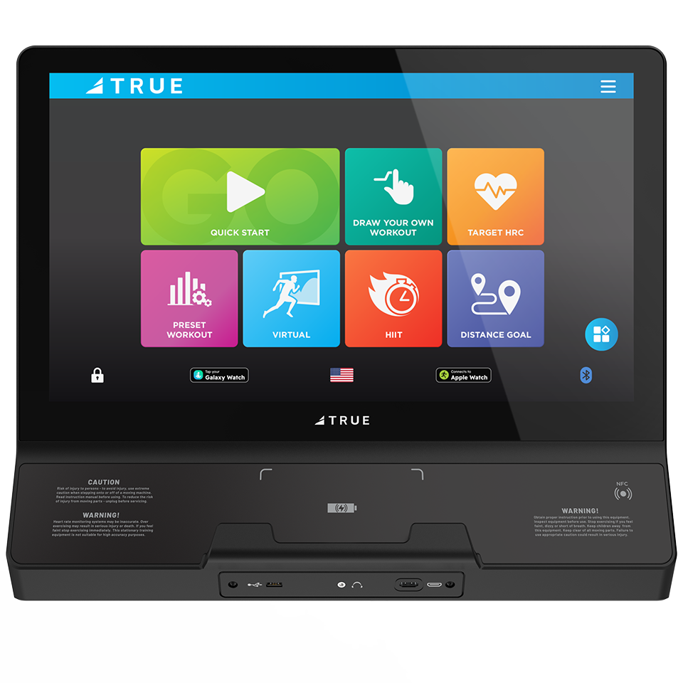 A close-up of a 66体育 - TRUE Fitness让运动更简单_官方网站 66体育 66体育 machine touchscreen displaying workout options, including Quick Start, Draw Your Own Workout, Target HRC, Preset Workout, Virtual, HIIT, and Distance Goal.
