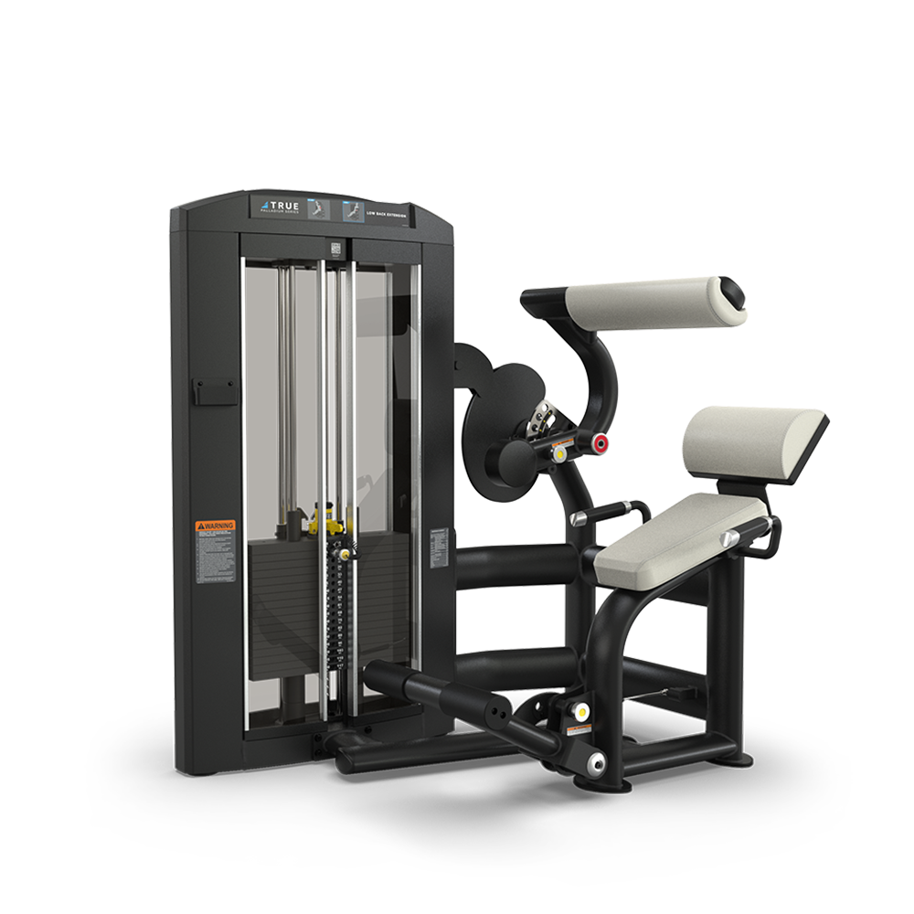 A black and silver seated gym machine with padded supports and weight stack, designed for back or ab exercises, on a white background.