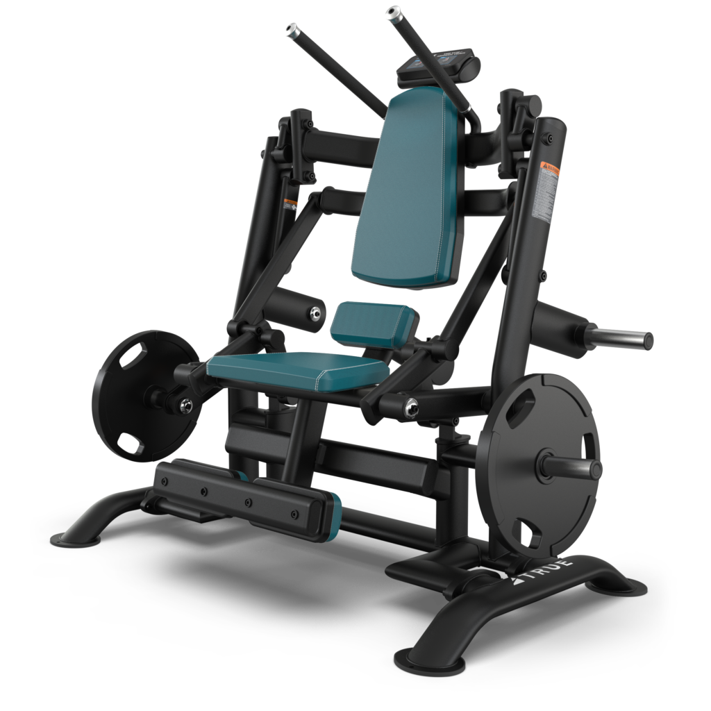 A black and teal plate-loaded fitness machine designed for seated leg press exercises, featuring padded seat and backrest, foot platform, and handles, with weight plates mounted on both sides.