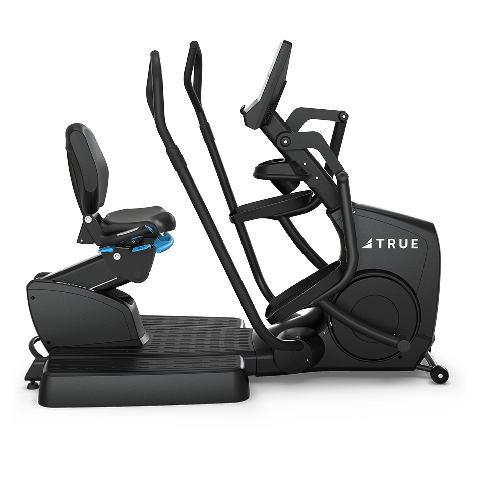 A black recumbent cross-trainer exercise machine with a seat, arm handles, pedals, and a digital display, labeled “TRUE” on the side, set against a plain white background.