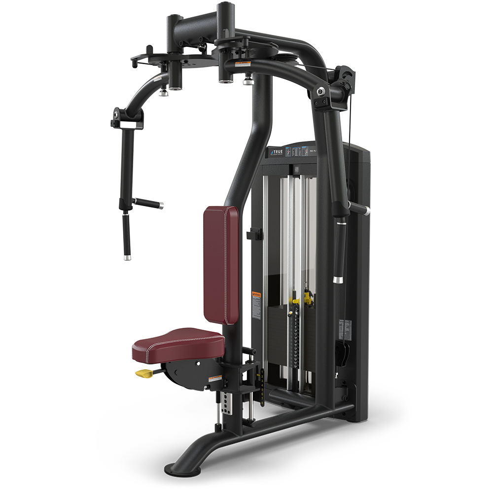 A black and maroon chest fly and rear delt machine with padded seat and backrest, dual handles, adjustable weight stack, and metal frame, designed for upper body strength training.