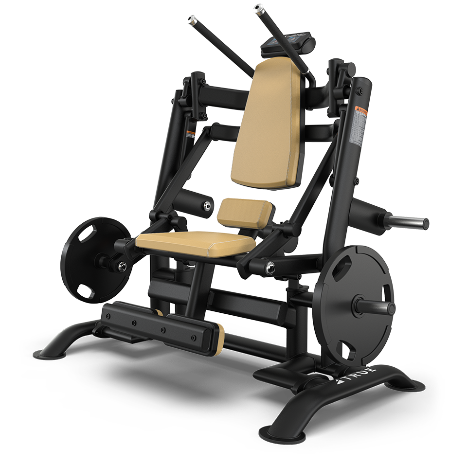 A black and beige leg press gym machine with padded seat and backrest, two footplates, weight holders, and multiple adjustable bars for strength training.