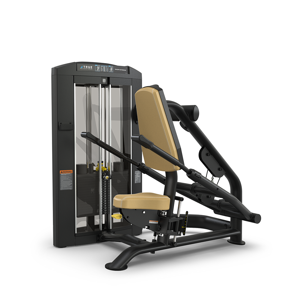 A seated strength training machine with a padded tan seat and backrest, black frame, and weight stack, designed for chest press exercises.