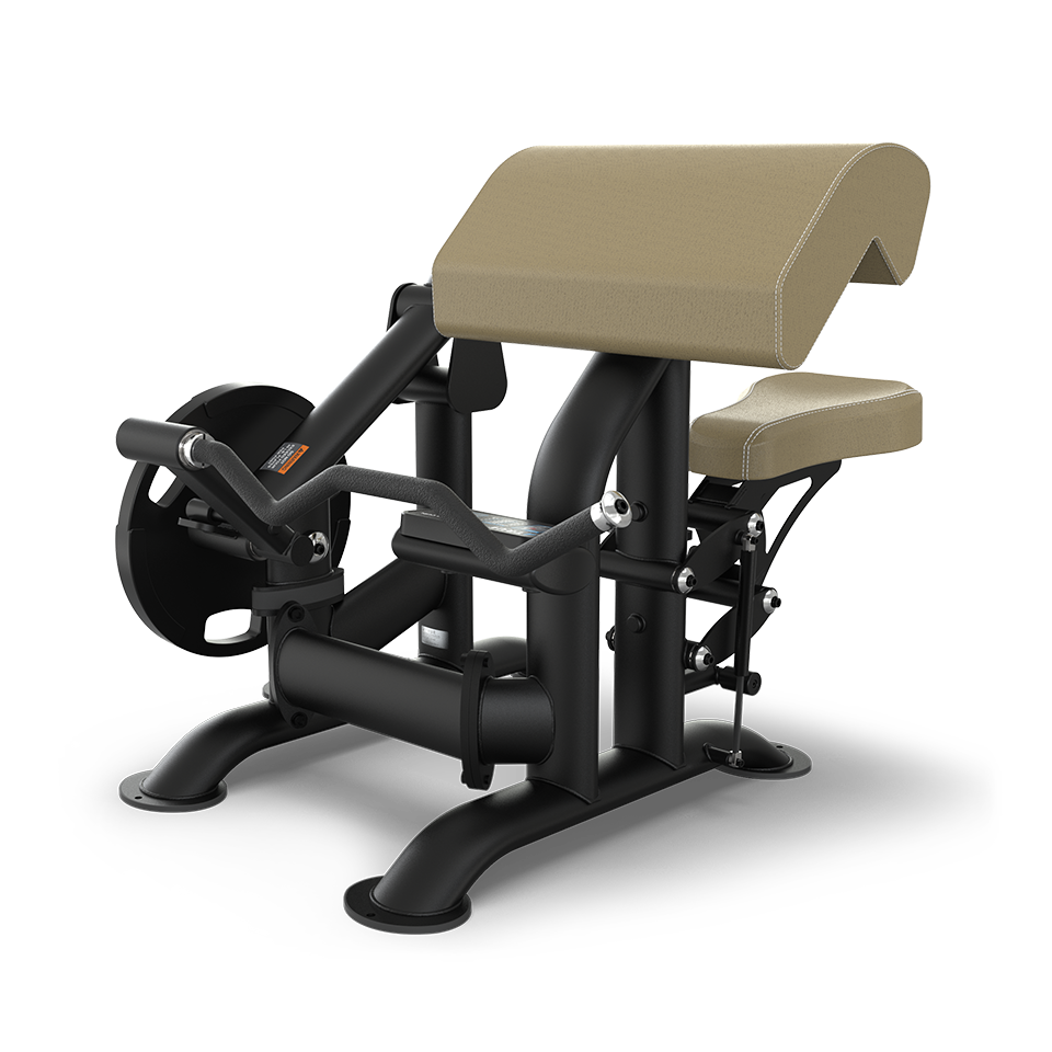 A seated biceps curl gym machine with padded arm and seat rests, black metal frame, and a lever with handles for lifting weights.
