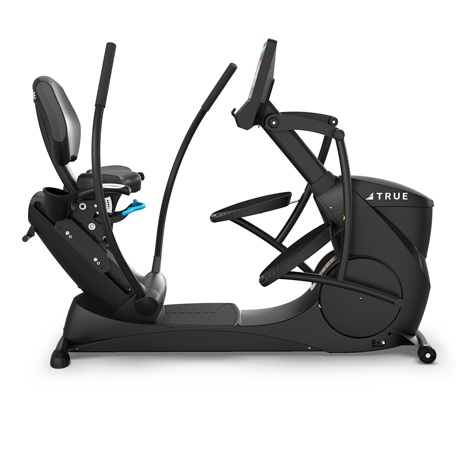 Side view of a black recumbent elliptical exercise machine with a seat, handlebars, foot pedals, and a digital display, designed for low-impact cardio workouts. The brand TRUE is visible on the machine.