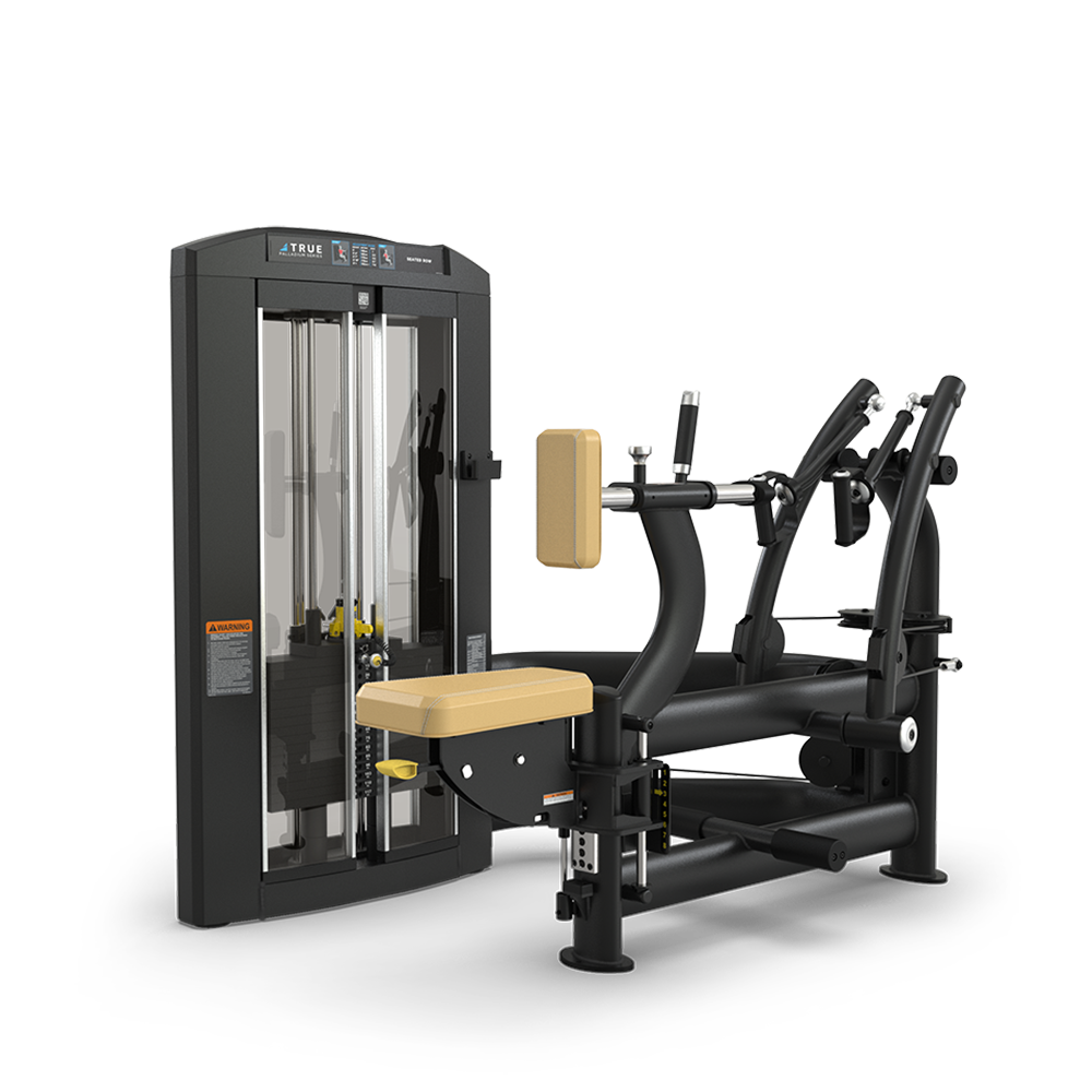 A black and beige gym machine designed for strength training, featuring adjustable weights, padded seat, backrest, and multiple handles on a sturdy metal frame.