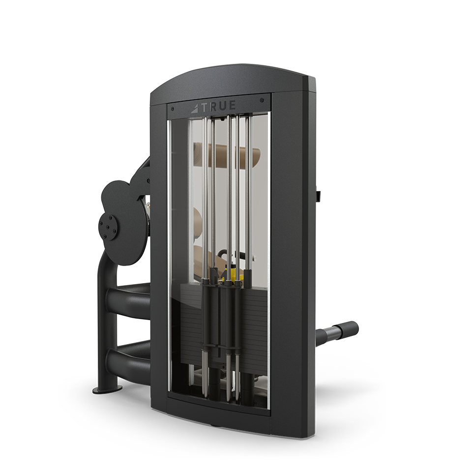 A black gym machine with a weight stack and padded handles, designed for strength training exercises, isolated on a white background.