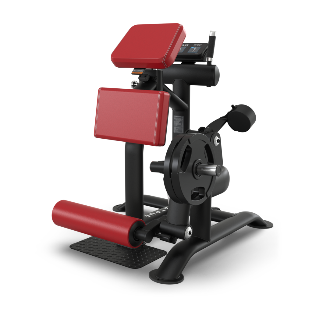 A seated gym machine with red padded supports and a leg roller, designed for leg or knee exercises, featuring a black metal frame and weight plate holder.