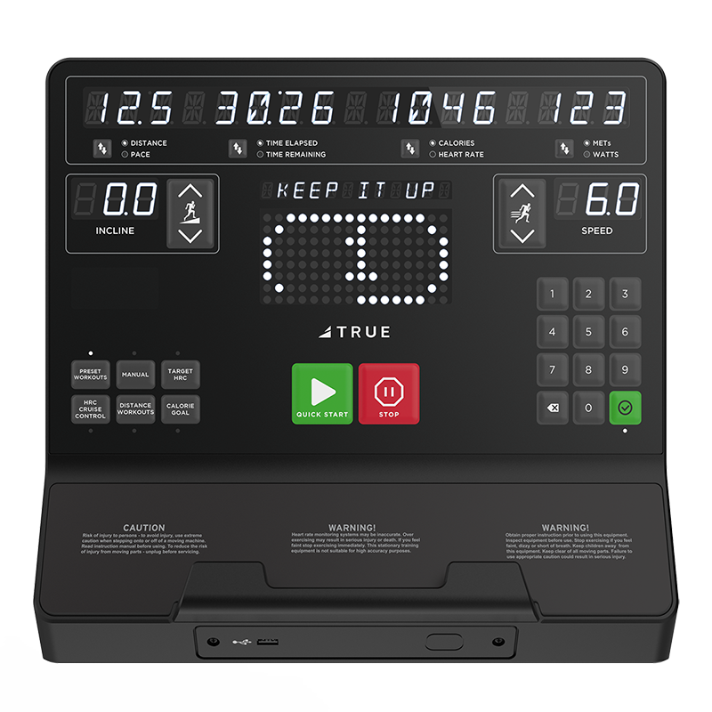 A treadmill control panel displaying distance, time, calories, heart rate, incline, speed, and a message reading KEEP IT UP. It has buttons for quick start, stop, speed, incline, numeric keypad, and caution labels.