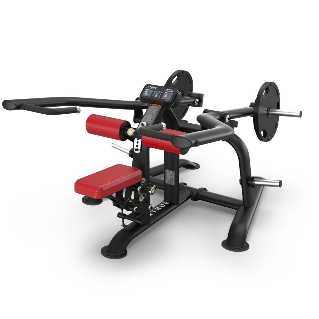 A black and red strength training machine with padded seats, handles, weight plate holders, and adjustment knobs, designed for seated upper body exercises on a white background.